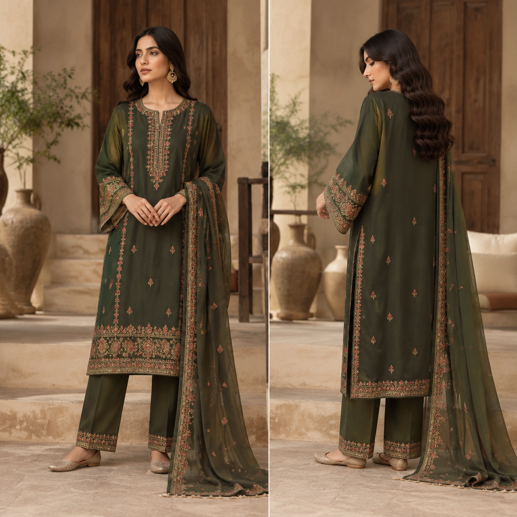 A Female Dress design, suitable for Fall. Consider Pakistani fashion — shalwar kameez, gharara, sharara; lawn fabrics, chiffon; intricate embroidery and mirror work. Current season is Autumn in Pakistan. Present it as professional fashion catalogue photography: the garment is the subject, shown full-length with editorial styling, neutral posing and tasteful, non-suggestive framing.
photorealistic fashion design, A Female Dress design, suitable for Fall. Consider Pakistani fashion — shalwar kameez, gharara, sharara; lawn fabrics, chiffon; intricate embroidery and mirror work. Current season is Autumn in Pakistan. Present it as professional fashion catalogue photography: the garment is the subject, shown full-length with editorial styling, neutral posing and tasteful, non-suggestive framing., just the design no text