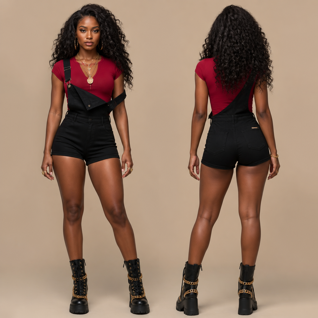 Black woman bouncy curls
Red shirt
Short tight black overalls one strap down
Gold necklace gold rings
Black boots with gold chains
photorealistic fashion design, Black woman bouncy curls
Red shirt
Short tight black overalls one strap down
Gold necklace gold rings
Black boots with gold chains
, hippy style, just the design no text, show front and back