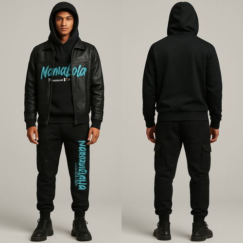Male street wear with black  and teal writing NanaLola Black label going down side of leg . Hoodie, joggers leather jacket,cargo pants
