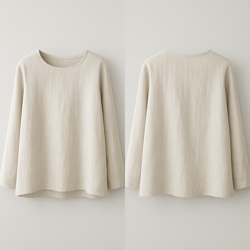 Buatkan atasan untuk wanita yg minimalis, lose silhouettes lengan panjang, bisa dipakai segala jenis suasana bahan yg dipakai linen lembut untuk