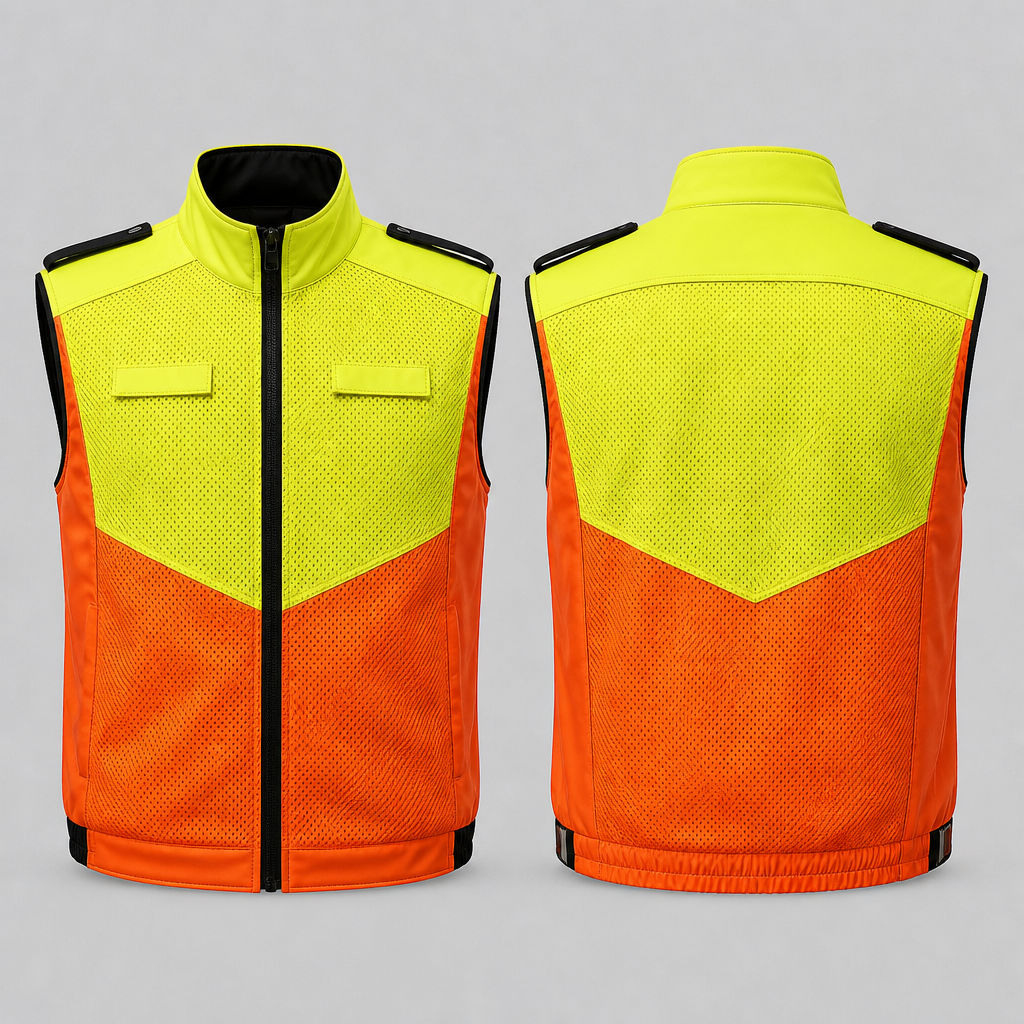 A Male Coat design, for Work, suitable for Summer, in Biker style. officeel verkeersregelaar motorvest zonder mouwen. stof ademend gaatjes. bovenstuk fluor geel onderstuk fluor oranje. schouders fluor geel softshell.zijkanten sofshell fluor oranje. 2 lipjes op de borst voor porto fluor geel rits zwart . zwarte eupaletten op schouders. Netherlands fashion aesthetics.
photorealistic fashion design, A Male Coat design, for Work, suitable for Summer, in Biker style. officeel verkeersregelaar motorvest zonder mouwen. stof ademend gaatjes. bovenstuk fluor geel onderstuk fluor oranje. schouders fluor geel softshell.zijkanten sofshell fluor oranje. 2 lipjes op de borst voor porto fluor geel rits zwart . zwarte eupaletten op schouders. Netherlands fashion aesthetics., biker style, just the design no text, show front and back