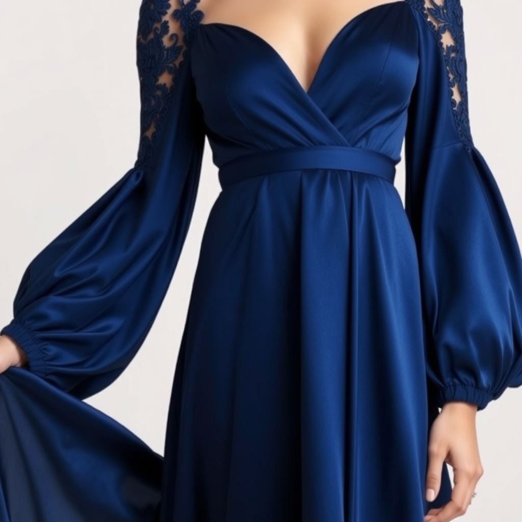 No belt ! Not Form fitting ! NO NECK AND CLEAVAGE SHOWING. . An elegant casual Maxi dress that has shape but is Not Form fitting. Covering the neck . In Satin . All one color. Details in the sleeves
Design a luxurious, elegant casual maxi dress in rich, deep sapphire satin. The dress features gracefully draped sleeves with intricate lace detailing, adding a touch of sophistication. With a high neckline and a flowing silhouette that beautifully skims the body without clinging, this piece exudes timeless grace and understated elegance.
