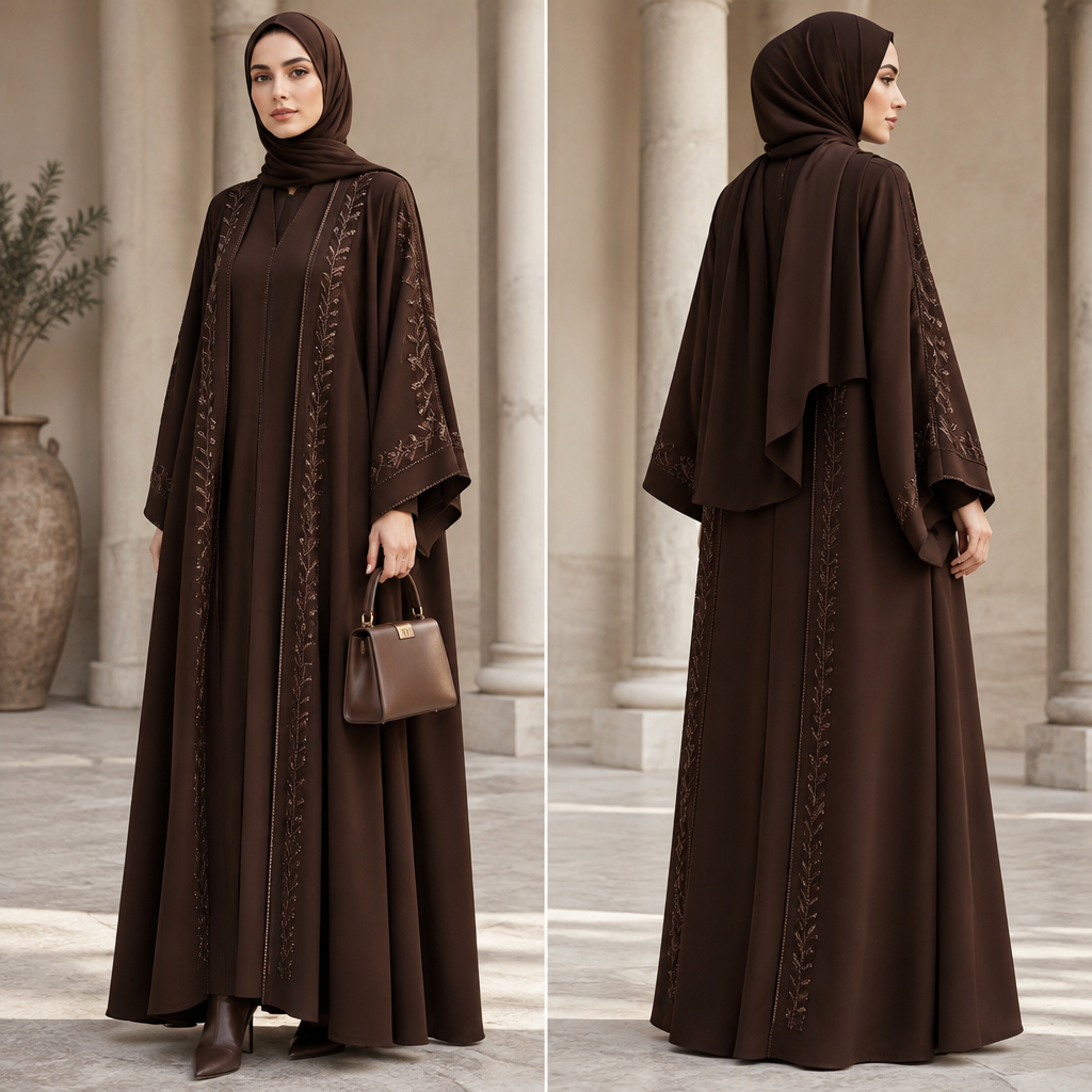 A Female Abaya design, suitable for Fall, in Elegant style. Turkey fashion aesthetics. Present it as professional fashion catalogue photography: the garment is the subject, shown full-length with editorial styling, neutral posing and tasteful, non-suggestive framing.
photorealistic fashion design, A Female Abaya design, suitable for Fall, in Elegant style. Turkey fashion aesthetics. Present it as professional fashion catalogue photography: the garment is the subject, shown full-length with editorial styling, neutral posing and tasteful, non-suggestive framing., elegant style, just the design no text