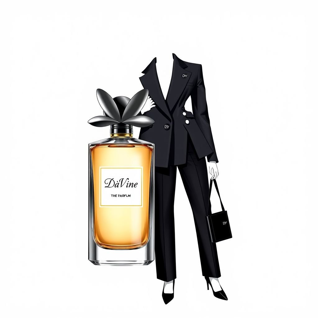 Fancy eau de perfume bottle with the name “Da’Vine” on it. With DV on it. Shape the bottle as a flower
Design a sophisticated business attire inspired by the elegant eau de parfum bottle "Da’Vine." The ensemble features a tailored, sculptural blazer mimicking the floral shape of the bottle, with DV monograms subtly embroidered on the lapels. Pair with tailored trousers and chic, minimalist accessories for a powerful yet graceful office look.