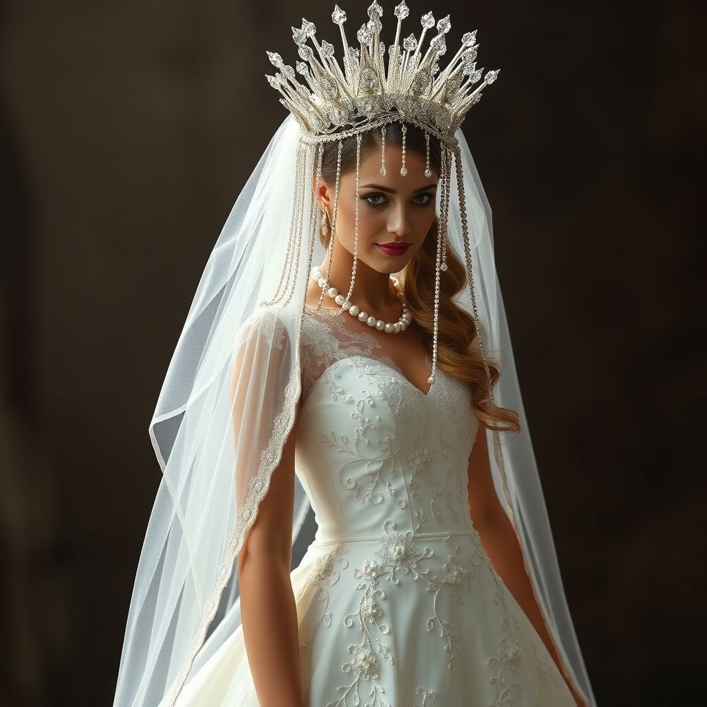 Think orthodox wedding here. ur so good! We need the feet too! Full model sized human. We need every dress detail!!! :) YAY Imagine all to see in ones appearance.. first the crown. Wow breathtaking! The embarking, the chains dangling around each spike of diamond. Then the veil.. mesh and see through, to see the beautiful brunette hair with balayage and baby lights. Design through the ends of the veil. Dress.. hmm.. I’m thinking flowy at the bottom and shaping at the waist. Pearl designs in the diameter of the bottom flowy part. On each side of the hip of the dress, curtain soft flower designs as on the inside is a pocket:). Necklace and makeup like Mary mandolin.. ORTHODOX beauty. Shoes spiral up the legs of the woman like a ballerina.. you can do the rest:)
Envision an orthodox wedding masterpiece: a stunning crown adorned with radiant spikes, each draped with chains of sparkling diamonds. A sheer, lace veil cascades, revealing soft balayaged locks flowing beneath. The dress, with a fitted bodice, flares into a flowy skirt embroidered with pearl motifs. Floral accents on the hip cleverly conceal pockets, while a delicate Mary Mandolin-inspired necklace crowns the look. Completed with graceful, spiraled shoes that elegantly wind up the legs, this ensemble embodies a breathtaking fusion of tradition and modern femininity, ensuring every eye is captivated by its intricate details.