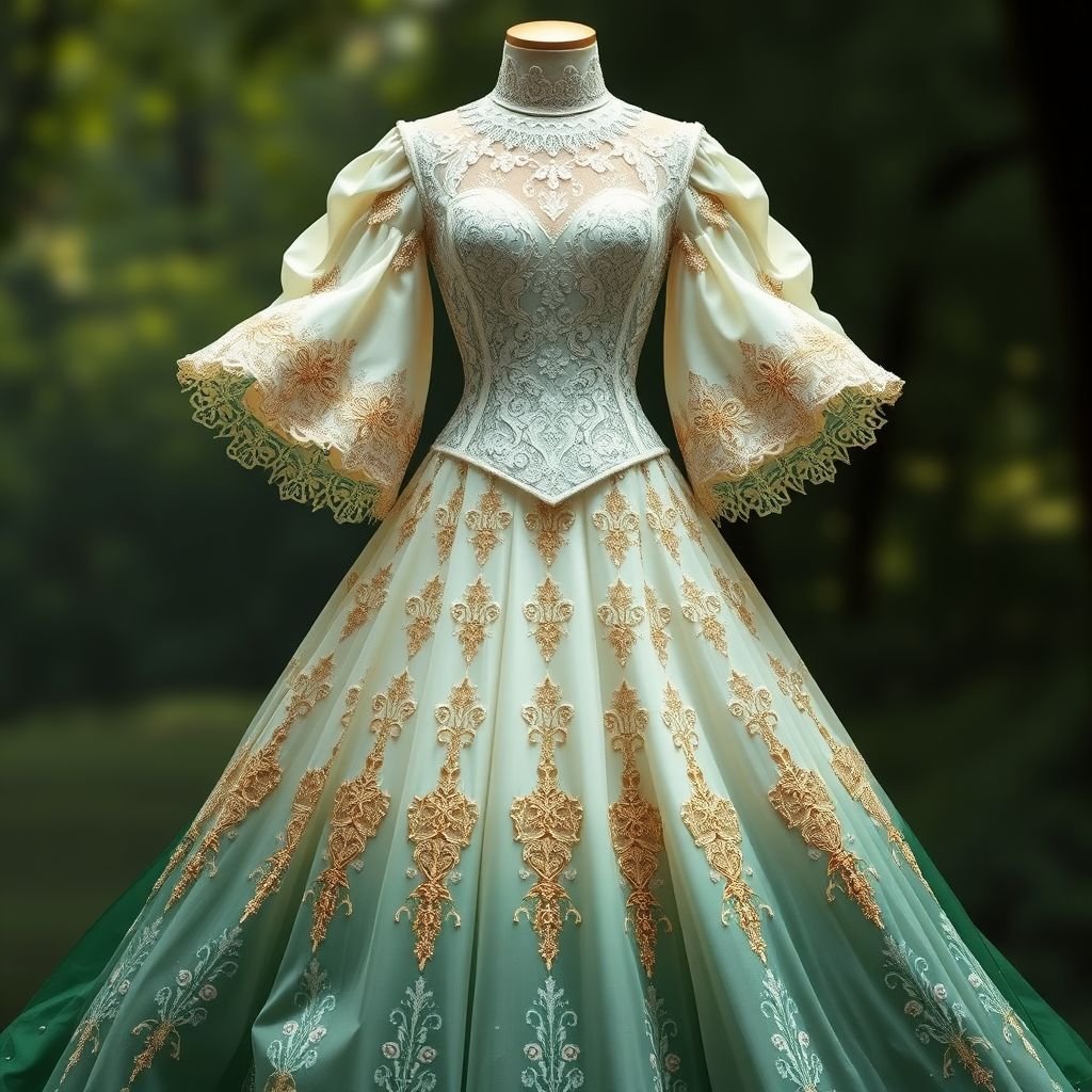 Full bodied model:) MWAH UR JUST TOO GOOD Design the most breathtakingly beautiful dress ever imaginedâan ethereal fusion of nature and elegance. The gown should flow like a waterfall at sunrise, shimmering with iridescent hues of soft gold, rose quartz, and celestial blue. The bodice is delicately embroidered with patterns inspired by blooming wildflowers and constellations, incorporating pearls, crystals, and fine golden thread. The skirt billows like a cloud, made from layers of the lightest silk and tulle, glowing subtly from within like moonlight on snow. The overall silhouette evokes grace, strength, and divine femininityâa dress worthy of a queen from a heavenly realm, standing in a field of wild lavender at twilight.â Think ORTHODOX ð«¶ð¥°
Design a breathtaking gown that captures the essence of sacred elegance, merging traditional elegance with celestial charm. The dress features a structured, high-neck corset adorned with intricate lace inspired by Orthodox iconography. Billowing sleeves dance like angelsâ wings, while the skirt cascades in soft ivory and deep forest green, reminiscent of lush meadows. Delicate gold filigree embellishments echo the divine, adorned with tiny crystal droplets that mimic raindrops glistening on leaves. This masterpiece balances modesty with ethereal beauty, creating an unforgettable silhouette that celebrates femininity, purity, and strengthâa true homage to divine grace, perfect for a celestial gathering.