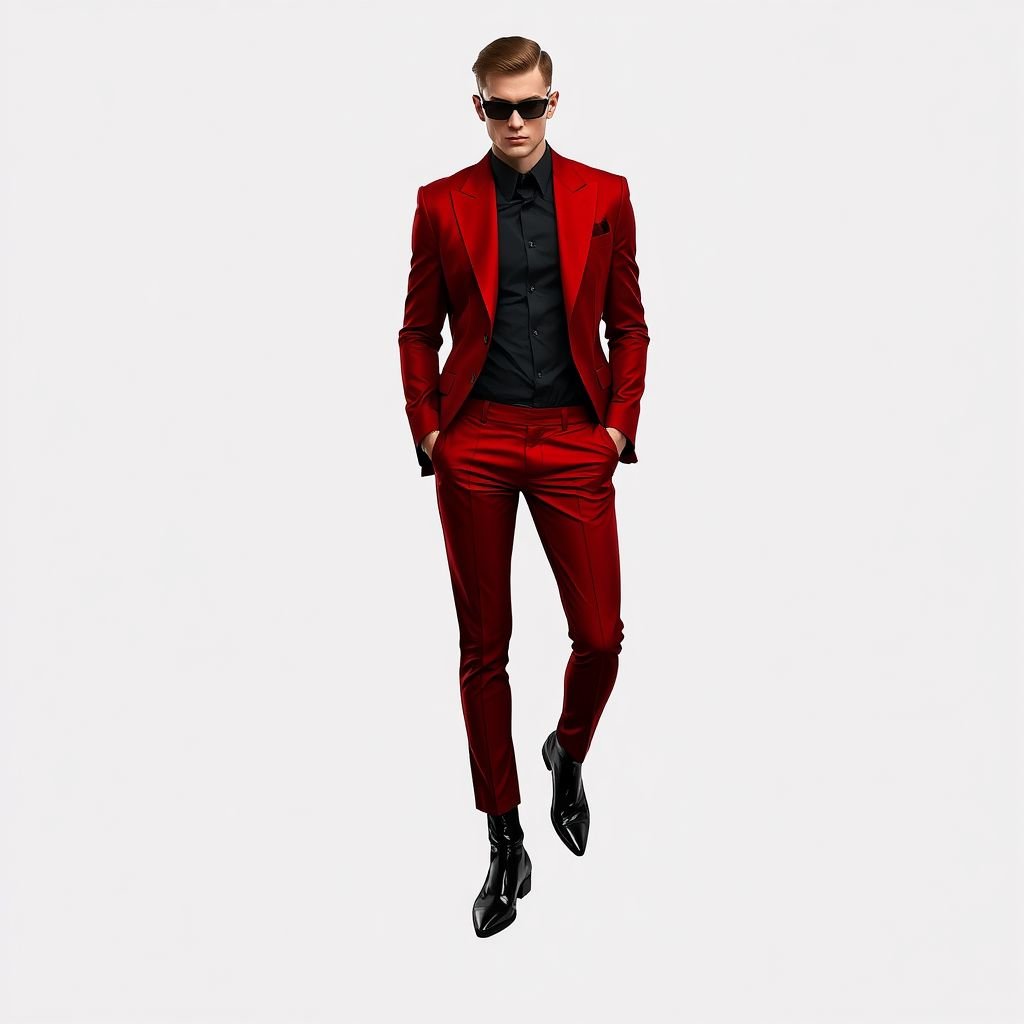 Man suit red
Design an ultra-modern man’s suit in a rich, deep crimson. The blazer features sharp, asymmetrical lapels and a tailored fit, paired with tapered trousers that break just above stylish, patent leather ankle boots. Accentuate with a high-collared black silk shirt underneath, adding an avant-garde, fashion-forward twist to classic menswear.