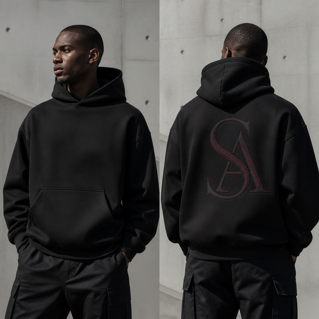 Male fashion model wearing the ASORAE ORIGIN hoodie in Obsidian Black.
Luxury streetwear editorial photoshoot in a modern concrete architectural environment.
Oversized fit, dropped shoulders, premium heavyweight fabric.
Large AS monogram on the back with deep wine-red underlayer subtly visible around the edges.
Confident but calm posture.
Quiet luxury.
Minimalist fashion campaign.
Soft daylight.
High-end fashion magazine photography.
Luxury European streetwear.
Presence Without Noise.
Ultra realistic.
Use the exact AS monogram shown in the reference image.
The monogram consists of a large elegant serif S placed in the foreground.
The A sits behind the S on the right side.
The S passes through the center of the A and remains the dominant visual element.
Both letters are fully recognizable while appearing as one unified luxury monogram.
Thin to medium stroke widths.
Fashion house typography.
Timeless luxury aesthetic.
Do not redesign the logo.
Do not create alternative letter shapes.
Keep the exact structure, proportions and relationship between the S and A from the reference image.
The AS monogram must appear exactly as shown in the reference image.
No reinterpretation.
No modernized version.
No alternative monogram.
No logo redesign.
Maintain identical positioning, overlap, proportions and elegance.
photorealistic fashion design, Male fashion model wearing the ASORAE ORIGIN hoodie in Obsidian Black.
Luxury streetwear editorial photoshoot in a modern concrete architectural environment.
Oversized fit, dropped shoulders, premium heavyweight fabric.
Large AS monogram on the back with deep wine-red underlayer subtly visible around the edges.
Confident but calm posture.
Quiet luxury.
Minimalist fashion campaign.
Soft daylight.
High-end fashion magazine photography.
Luxury European streetwear.
Presence Without Noise.
Ultra realistic.
Use the exact AS monogram shown in the reference image.
The monogram consists of a large elegant serif S placed in the foreground.
The A sits behind the S on the right side.
The S passes through the center of the A and remains the dominant visual element.
Both letters are fully recognizable while appearing as one unified luxury monogram.
Thin to medium stroke widths.
Fashion house typography.
Timeless luxury aesthetic.
Do not redesign the logo.
Do not create alternative letter shapes.
Keep the exact structure, proportions and relationship between the S and A from the reference image.
The AS monogram must appear exactly as shown in the reference image.
No reinterpretation.
No modernized version.
No alternative monogram.
No logo redesign.
Maintain identical positioning, overlap, proportions and elegance.
, streetwear style, just the design no text, show front and back