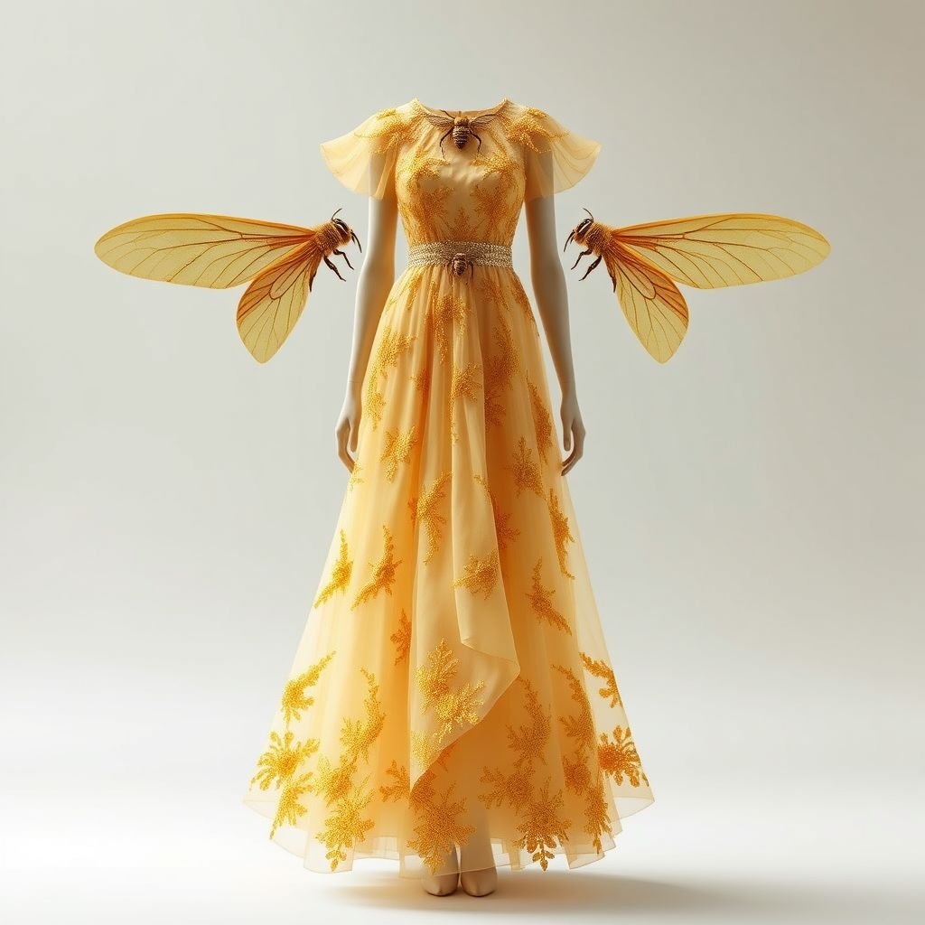 A honey bee & honey comb themed spring day dress.
Design a luxurious spring day dress inspired by honey bees and honeycomb. Envision a flowing silhouette crafted from silk, adorned with intricate golden embroidery mimicking honeycomb patterns. Incorporate rich amber hues, delicate tulle layers, and opulent beaded accents that evoke a sense of nature's elegance. Finish with exquisite, oversized bee motifs.
