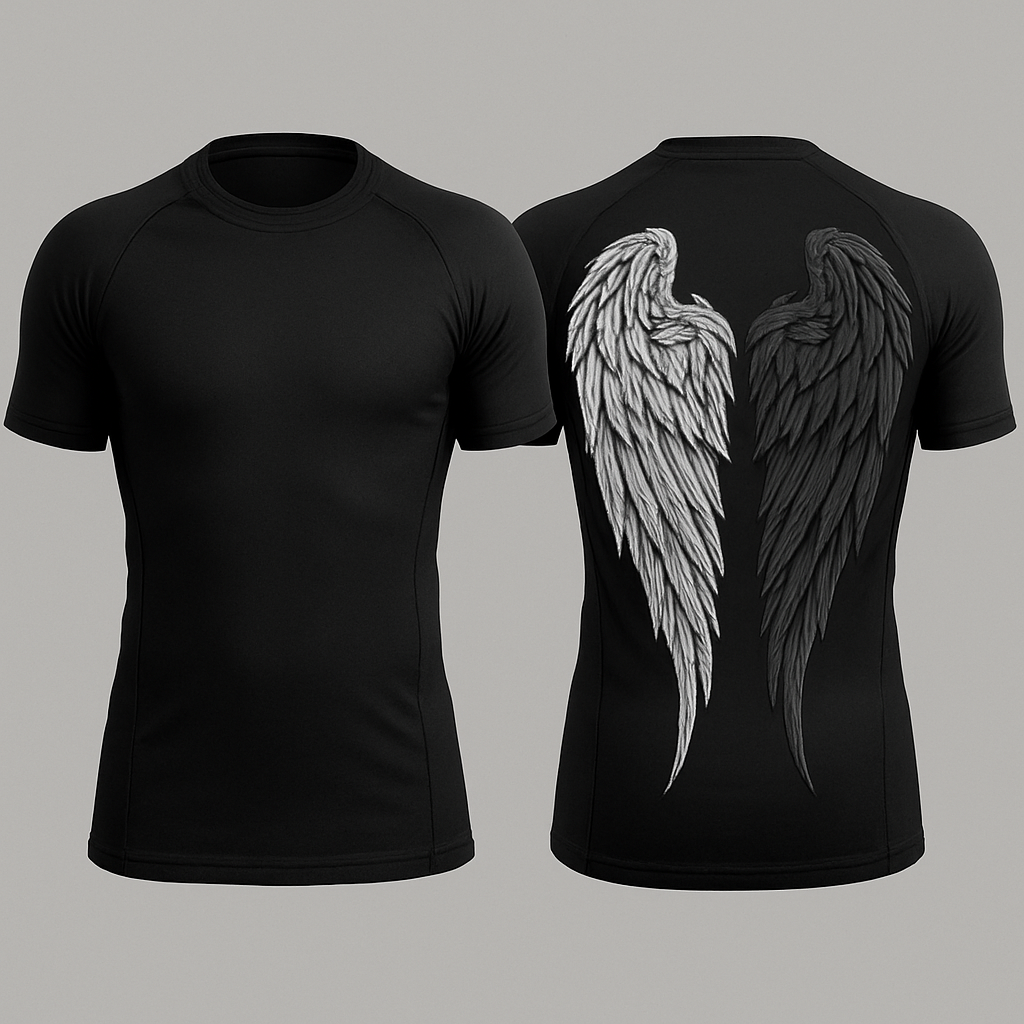 Black base short sleeve compression jujitsu rash guard shirt. 2 angle wings on the back, one white and the other dark gray. Make the wings kinda form a shape of a heart without making it too obnoxious so the wings look natural still
Little less of a heart shape and make the wings come down almost to the bottom of the shirt
Black base short sleeve compression jujitsu rash guard shirt. 2 angle wings on the back, one white and the other dark gray. Make the wings kinda form a shape of a heart without making it too obnoxious so the wings look natural still
Little less of a heart shape and make the wings come down almost to the bottom of the shirt
, gothic style, show front and back