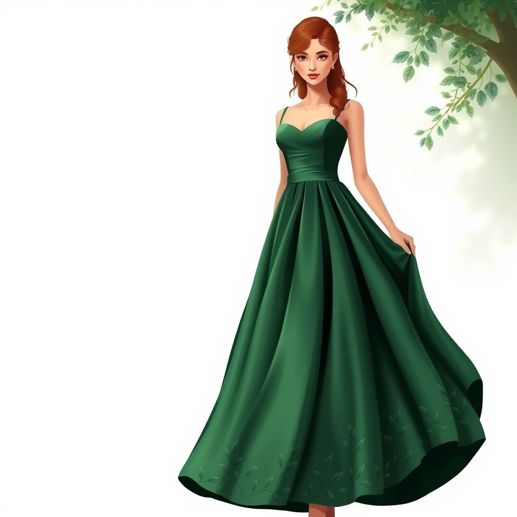A Forrest green silk dress with straps at the top and flows to just above the knees
Design an enchanting forest green silk dress, embodying elegance through a fitted bodice with delicate satin straps. The dress cascades gracefully to just above the knees, featuring subtle pleats that create fluid movement. Adorn it with intricate leaf embroidery along the hem, evoking a serene woodland charm worthy of a formal gala.