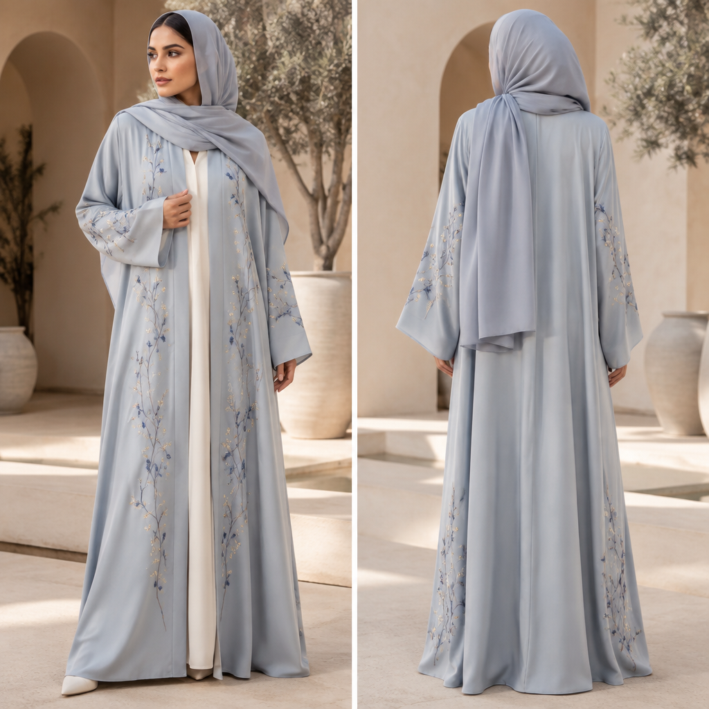 A Abaya design. عباية نسائي تكون إن حياة جميلا لون هادي ولون البهجة. Israel fashion aesthetics. Present it as professional fashion catalogue photography: the garment is the subject, shown full-length with editorial styling, neutral posing and tasteful, non-suggestive framing.
photorealistic fashion design, A Abaya design. عباية نسائي تكون إن حياة جميلا لون هادي ولون البهجة. Israel fashion aesthetics. Present it as professional fashion catalogue photography: the garment is the subject, shown full-length with editorial styling, neutral posing and tasteful, non-suggestive framing., just the design no text