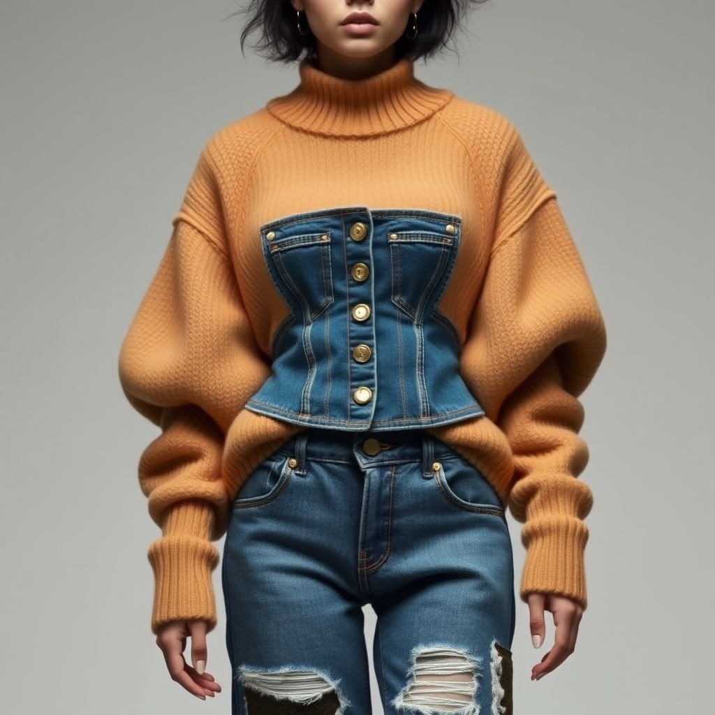 Pull oversize manche bouffante en laine avec corset en jean + son jean baggy avec des touches de laine
Imagine an oversized, puff-sleeved wool pullover paired with a structured denim corset, showcasing an innovative blend of textures. Complement this ensemble with a baggy jeans silhouette featuring wool accents, creating a harmonious fusion of cozy comfort and edgy denim charm. Add distressed patches and contrast stitching for a unique, modern twist.