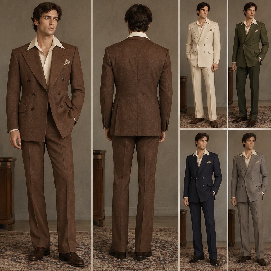 photorealistic fashion design, A Male Top design, with a light, flowing drape, with a Tailored silhouette, styled in layers, for Wedding, suitable for Fall, in Vintage + Classic + Casual style, shown on a model with fair skin and a slim figure. I want the suit to have a vintage 1970s-inspired silhouette with a clean, elegant finish. Please make the jacket double-breasted with broad, slightly pointed peak lapels, a structured shoulder, and a slightly fitted shape through the chest and waist without making it overly slim. Keep the jacket slightly longer, with two rows of buttons, flap pockets, and classic tailoring proportions. The shirt should have a wide, open spread collar, worn casually without a tie, with the collar sitting naturally over the jacket lapels. The trousers should be high-waisted with a relaxed, straight-to-wide leg, generous room through the thigh, and a full length with a slight break over the shoes. Overall, I want the proportions and construction to feel suave, masculine, dramatic and distinctly 1970s, rather than contemporary slim-fit tailoring. Present it as professional fashion catalogue photography: the garment is the subject, shown full-length with editorial styling, neutral posing and tasteful, non-suggestive framing., vintage style, just the design no text, show front and back. Refinement: make the pant a little bit slim and give some other color suggestions
photorealistic fashion design, photorealistic fashion design, A Male Top design, with a light, flowing drape, with a Tailored silhouette, styled in layers, for Wedding, suitable for Fall, in Vintage + Classic + Casual style, shown on a model with fair skin and a slim figure. I want the suit to have a vintage 1970s-inspired silhouette with a clean, elegant finish. Please make the jacket double-breasted with broad, slightly pointed peak lapels, a structured shoulder, and a slightly fitted shape through the chest and waist without making it overly slim. Keep the jacket slightly longer, with two rows of buttons, flap pockets, and classic tailoring proportions. The shirt should have a wide, open spread collar, worn casually without a tie, with the collar sitting naturally over the jacket lapels. The trousers should be high-waisted with a relaxed, straight-to-wide leg, generous room through the thigh, and a full length with a slight break over the shoes. Overall, I want the proportions and construction to feel suave, masculine, dramatic and distinctly 1970s, rather than contemporary slim-fit tailoring. Present it as professional fashion catalogue photography: the garment is the subject, shown full-length with editorial styling, neutral posing and tasteful, non-suggestive framing., vintage style, just the design no text, show front and back. Refinement: make the pant a little bit slim and give some other color suggestions , just the design no text