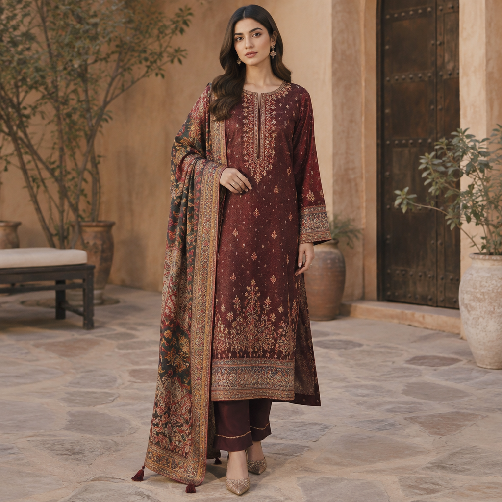 A Female Dress design, suitable for Fall. wear shawl to girl. Pakistan fashion aesthetics. Present it as professional fashion catalogue photography: the garment is the subject, shown full-length with editorial styling, neutral posing and tasteful, non-suggestive framing.
photorealistic fashion design, A Female Dress design, suitable for Fall. wear shawl to girl. Pakistan fashion aesthetics. Present it as professional fashion catalogue photography: the garment is the subject, shown full-length with editorial styling, neutral posing and tasteful, non-suggestive framing., just the design no text