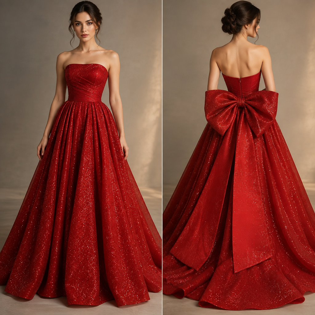 A Female Dress design, suitable for Fall, in Elegant style. a beautiful dress with a giant bow in the middle at the back there's a zip it has no lace at the top it has nothing holding it at the top make it red with some glitters. ZM fashion aesthetics. Present it as professional fashion catalogue photography: the garment is the subject, shown full-length with editorial styling, neutral posing and tasteful, non-suggestive framing.
photorealistic fashion design, A Female Dress design, suitable for Fall, in Elegant style. a beautiful dress with a giant bow in the middle at the back there's a zip it has no lace at the top it has nothing holding it at the top make it red with some glitters. ZM fashion aesthetics. Present it as professional fashion catalogue photography: the garment is the subject, shown full-length with editorial styling, neutral posing and tasteful, non-suggestive framing., elegant style, just the design no text