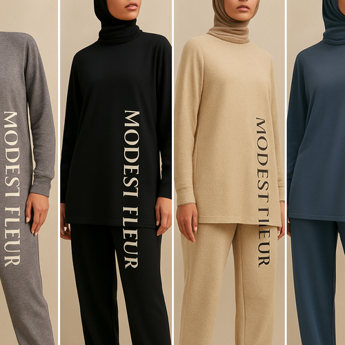 Create a revolutionary women’s modest loose gym wear brand called “Modest Fleur”. Display the brand name on the garments in a unique design on the side, exuding a classy and sophisticated vibe. I’d like four designs, each showcasing different styles and fabrics, with high-end, unique chic designs to make them truly special.