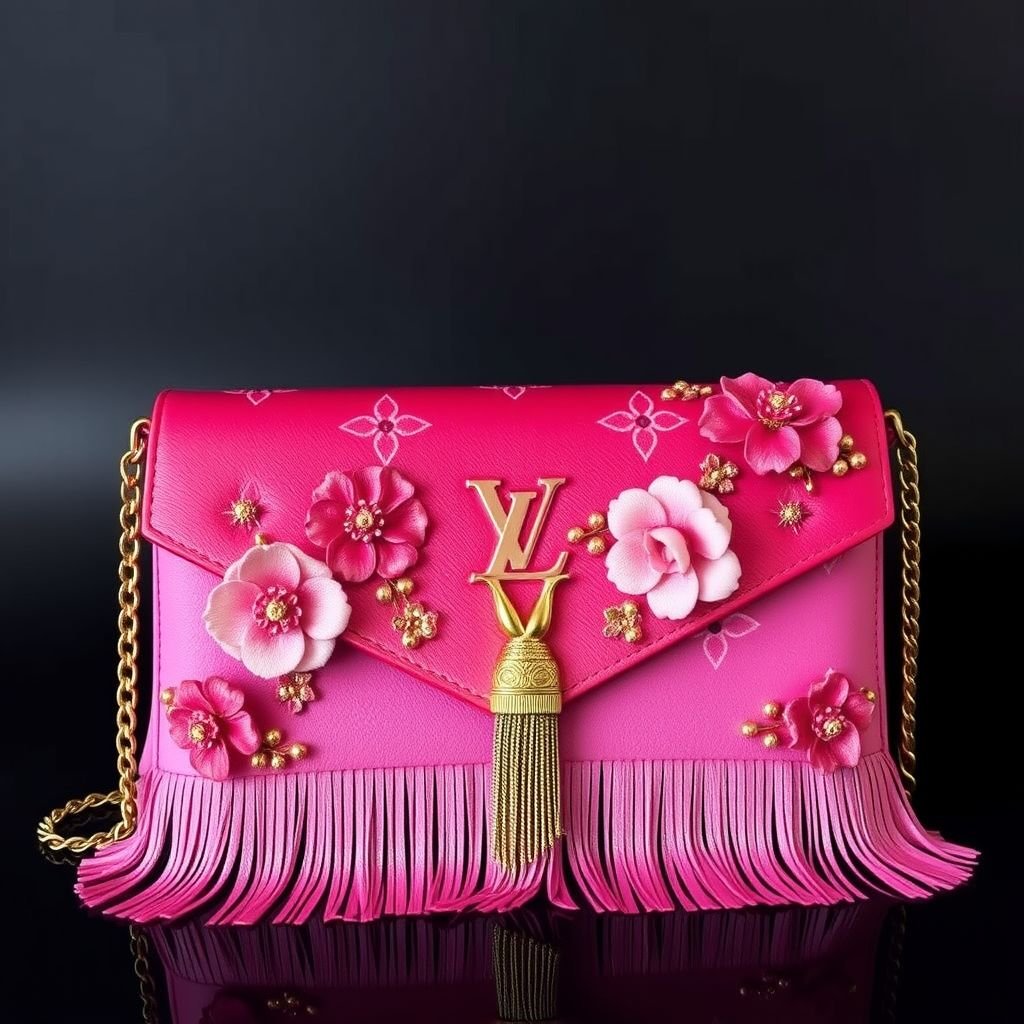 Design a large Louis Vuitton-inspired clutch featuring a vibrant, gradient ombre effect that transitions from deep pink to soft pink. The bag is adorned with intricate, hand-stitched motifs and metal fringe details. Complete it with a detachable chain strap for versatile wear, combining elegance with a bold statement style.
Imagine a lavish, oversized Louis Vuitton-inspired clutch that boasts a mesmerizing gradient ombre, seamlessly flowing from deep magenta to a delicate blush. Embellished with exquisite, hand-stitched floral motifs and playful metal fringe for a touch of glamour, this clutch features a detachable golden chain strap, harmonizing elegance with bold, statement-making appeal.