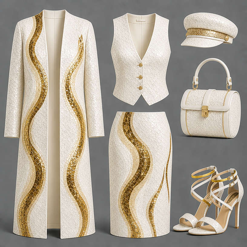 Make this outfit in white , gold ,
edit the attached fashion design with these instructions: Make this outfit in white , gold ,. keep it photorealistic, just the design no text