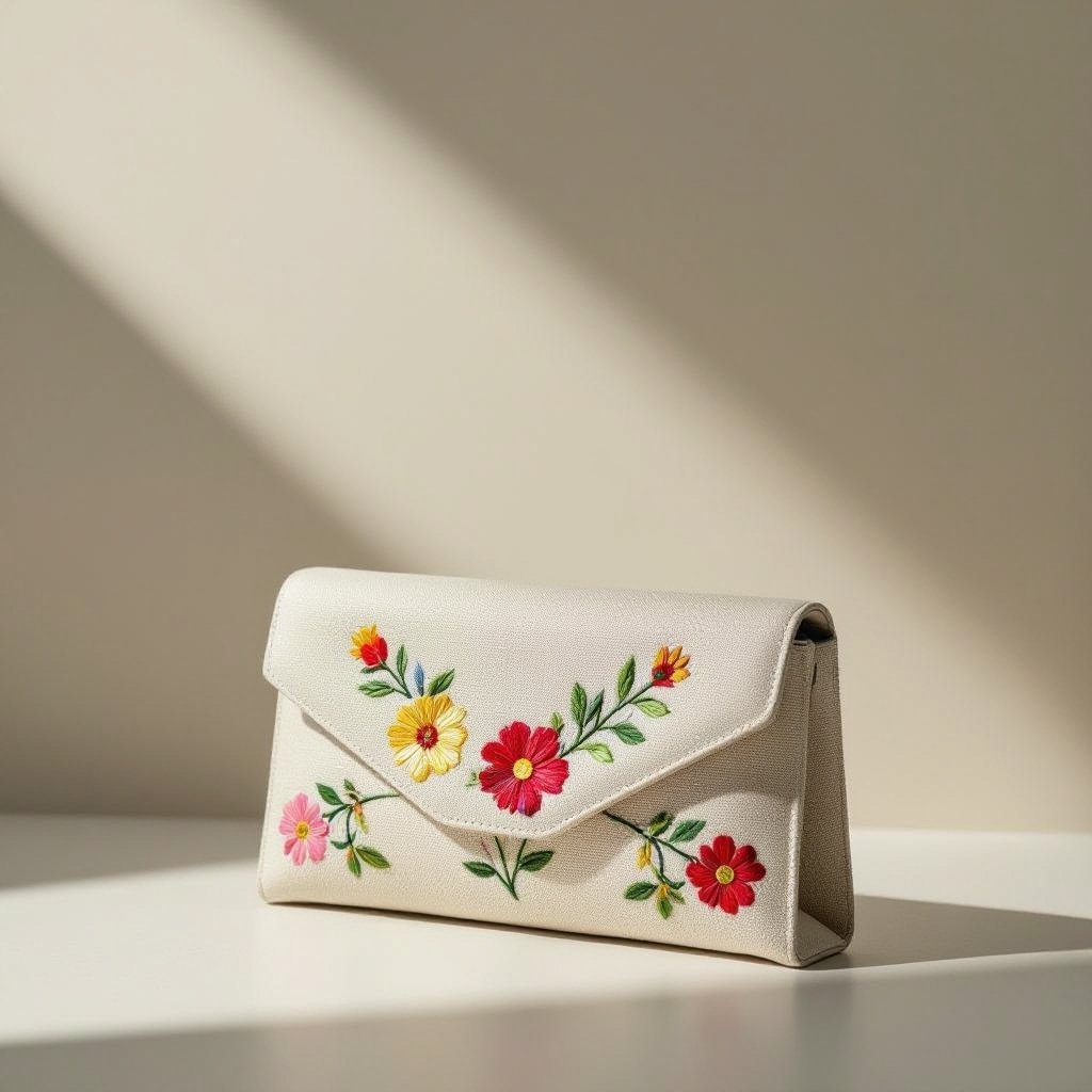 Women’s small clutch bag with an unconventional geometric silhouette in lightweight linen, inspired by South American heritage prints. Sustainable craftsmanship with sharp angular panels, vibrant hand-dyed accents, and an artistic, sculptural shape. Showcased on a plain white studio background with clean lighting.”
Classic fashion: Women's small clutch bag with a sleek, structured silhouette in smooth linen. Minimal embroidery in solid colors. Showcased on a plain white studio background with clean lighting.
