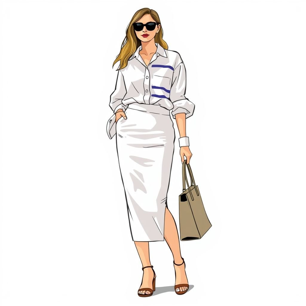 Cotton Resort smooth pencil skirt clean shiv and shirt and wear style channel chic comfy
Design a sleek cotton resort pencil skirt with a smooth silhouette, paired with a crisp, oversized white shirt featuring exaggerated cuffs. Incorporate a chic color palette of soft pastels and nautical stripes. Style with elegant sandals and a minimalist tote, embodying effortless comfort and sophistication for sunny summer days.
