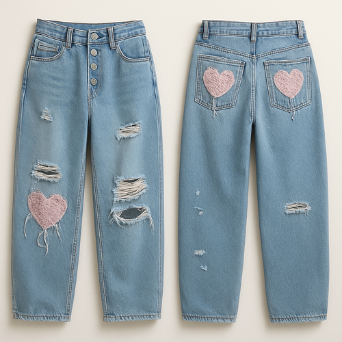Produce a pair of low-waisted baggy jeans with four buttons on the front.
They should be light denim color, with ripped knees that are patched with pink crochet details, and additional rips along the legs.
On the back pockets, there should be two pastel pink crochet hearts sewn inside, with loose cotton threads hanging down.