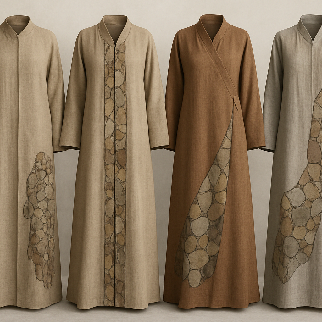 Create a modest two-piece linen abaya, the first of its kind, featuring a unique stone design that exudes a classy and sophisticated vibe. I’d like four designs, each showcasing different styles and fabrics. Incorporate high-end, unique chic stone designs to make them truly special. Add little sophisticated stone designs.

Create a modest two-piece linen abaya, the first of its kind, featuring a unique stone design that exudes a classy and sophisticated vibe. I’d like four designs, each showcasing different styles and fabrics. Incorporate high-end, unique chic stone designs to make them truly special. Add little sophisticated stone designs.