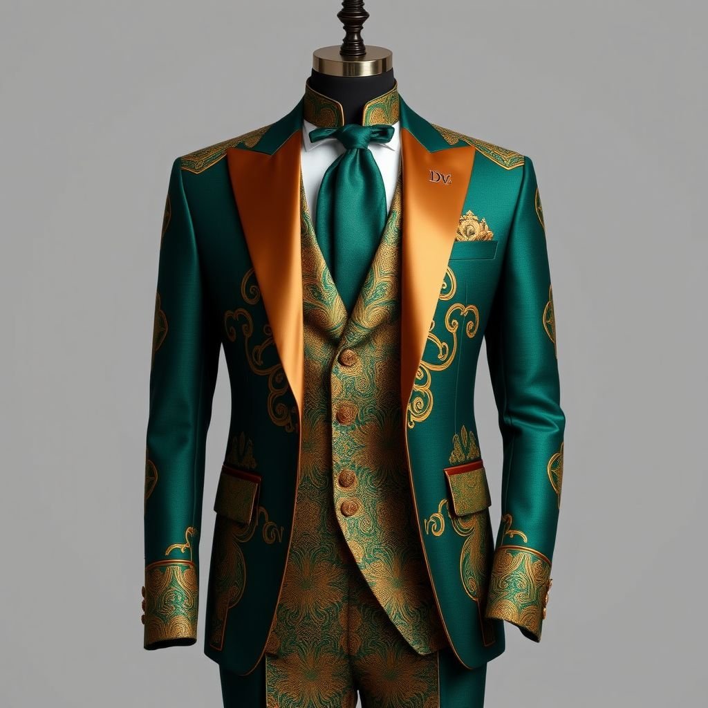 African style men’s suit. Put “DV” somewhere on it
Design an exquisite African-inspired men’s suit embodying elegance, featuring rich fabrics with intricate hand-embroidered patterns in gold and deep emerald hues. Tailored to perfection, the jacket boasts a regal silhouette, complete with a sleek satin lapel. Subtly incorporate "DV" into the design, perhaps as a sophisticated embroidery on the cuff.