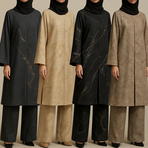 Create a modest abaya and loose pant, first of its kind, featuring a unique stone design that exudes a classy and sophisticated vibe. I'd like four designs, each showcasing different styles and fabrics. Incorporate high-end, unique chic stone designs to make them truly special. Add little sophisticated stone designs. Make it irresistible with designs that stands out.