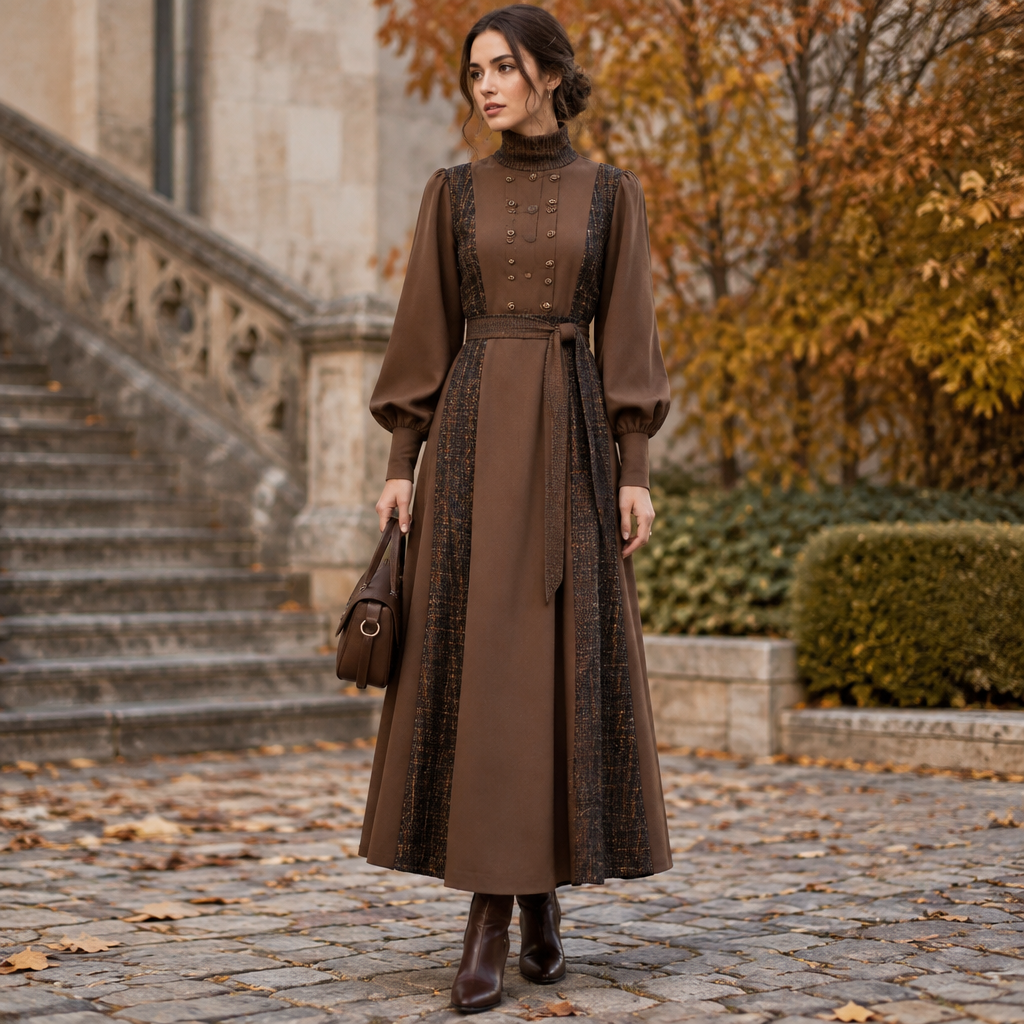 A Female Dress design, with modest, full coverage: longer hemlines, higher necklines and covered shoulders, suitable for Fall. YE fashion aesthetics. Current season is Autumn in YE. Present it as professional fashion catalogue photography: the garment is the subject, shown full-length with editorial styling, neutral posing and tasteful, non-suggestive framing.
photorealistic fashion design, A Female Dress design, with modest, full coverage: longer hemlines, higher necklines and covered shoulders, suitable for Fall. YE fashion aesthetics. Current season is Autumn in YE. Present it as professional fashion catalogue photography: the garment is the subject, shown full-length with editorial styling, neutral posing and tasteful, non-suggestive framing., just the design no text