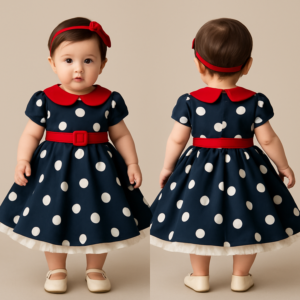 一歳の女の子着用画
暗い紺色ベースに大きめの白い水玉模様の
ロカビリーワンピース
ウエストはキュッと細く、そこから一気にふんわり広がるフレアシルエット
ボリュームのあるサーキュラースカート
ワンピースの裾には白いパニエが少し見える
襟は赤
胸下切り返し部分に襟と同じ色の赤でスクエアバックルベルト
頭には服とリンクしたカチューシャつけて
一歳の女の子着用画
暗い紺色ベースに大きめの白い水玉模様の
ロカビリーワンピース
ウエストはキュッと細く、そこから一気にふんわり広がるフレアシルエット
ボリュームのあるサーキュラースカート
ワンピースの裾には白いパニエが少し見える
襟は赤
胸下切り返し部分に襟と同じ色の赤でスクエアバックルベルト
頭には服とリンクしたカチューシャつけて, show front and back