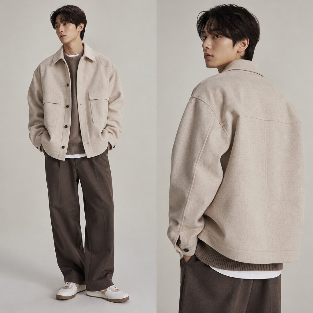A Male Top design, suitable for Fall. Consider Korean fashion (K-fashion) — clean lines, oversized fits, layered styling, pastel palette, idol-inspired looks, modest yet trendy. Current season is Autumn in South Korea. Present it as professional fashion catalogue photography: the garment is the subject, shown full-length with editorial styling, neutral posing and tasteful, non-suggestive framing.
photorealistic fashion design, A Male Top design, suitable for Fall. Consider Korean fashion (K-fashion) — clean lines, oversized fits, layered styling, pastel palette, idol-inspired looks, modest yet trendy. Current season is Autumn in South Korea. Present it as professional fashion catalogue photography: the garment is the subject, shown full-length with editorial styling, neutral posing and tasteful, non-suggestive framing., just the design no text