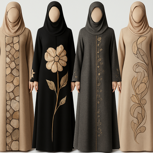 Create a modest abaya that's the first of its kind, featuring a unique stone design that exudes a classy and sophisticated vibe. I'd like four designs, each showcasing different styles and fabrics.Incorporate high-end, unique chic stone designs to make them truly special. And add little cute touch of sophisticated stone designs. Add huge flower and unique designs.