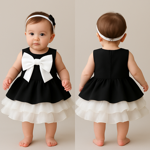 一歳の女の子着用画
ジャケット生地の黒のノンスリーブワンピース、丈は膝上
肩の部分、襟の部分が隠れるように白の大きなリボン

スカートの下の部分はしろで複数枚のオーガンジー（またはシフォン）生地を重ねたフリル
 1枚1枚が軽く波打つようにカールしていて、花びらが重なったような立体感
バルーンのような丸みのあるシルエット

背中に装飾はなし

頭には白のカチューシャ
カチューシャにはちょっとした黒い装飾