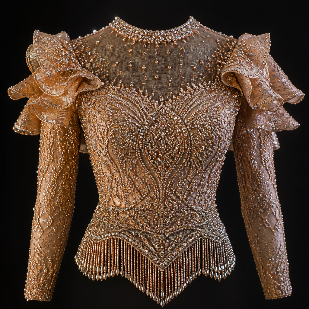 A Top design, in Luxury style. create a fully beaded Nigerian Top with ruffles and illusion neckline and a fringes. Nigeria fashion aesthetics.
photorealistic fashion design, A Top design, in Luxury style. create a fully beaded Nigerian Top with ruffles and illusion neckline and a fringes. Nigeria fashion aesthetics., luxury style, just the design no text