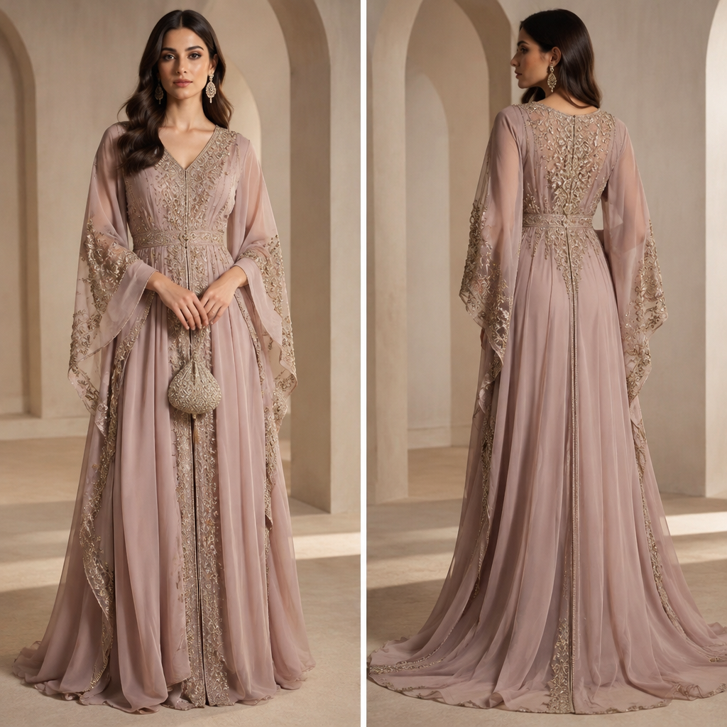 A Female Kaftan design, in Elegant style. شيفون و اكسسوارات تناسب الفستان Present it as professional fashion catalogue photography: the garment is the subject, shown full-length with editorial styling, neutral posing and tasteful, non-suggestive framing.
photorealistic fashion design, A Female Kaftan design, in Elegant style. شيفون و اكسسوارات تناسب الفستان Present it as professional fashion catalogue photography: the garment is the subject, shown full-length with editorial styling, neutral posing and tasteful, non-suggestive framing., elegant style, just the design no text, show front and back