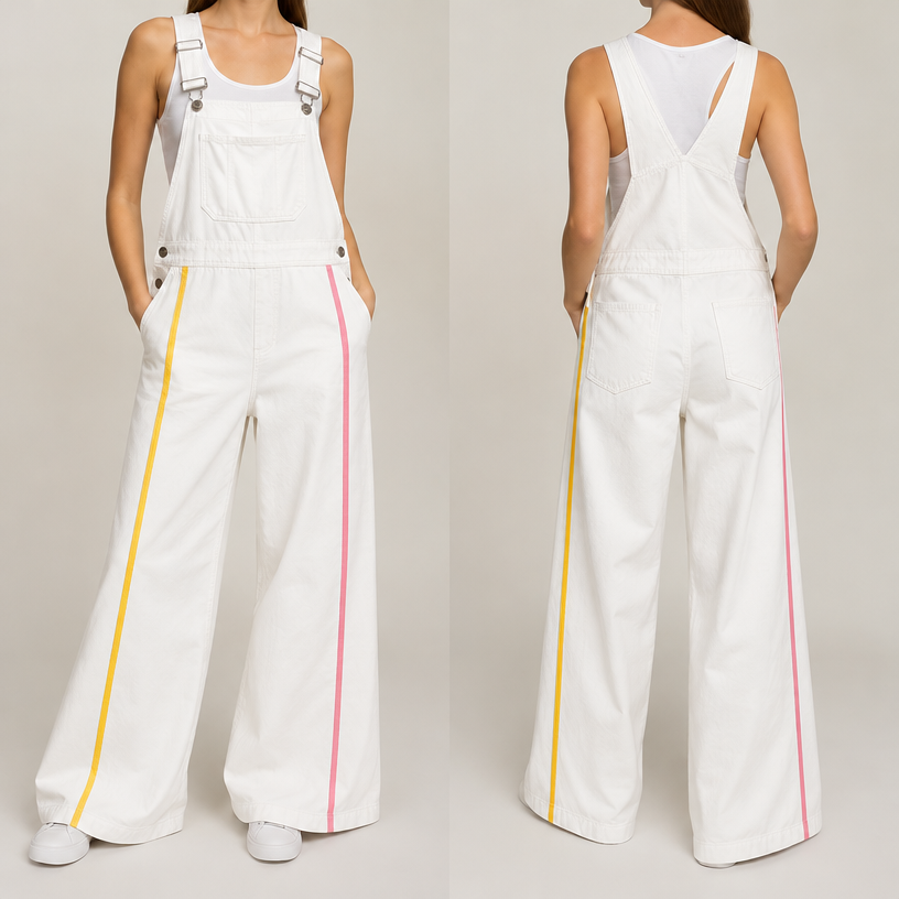 Flare pants colors are thin lines at the front
edit the attached fashion design with these instructions: Flare pants colors are thin lines at the front. keep it photorealistic, just the design no text