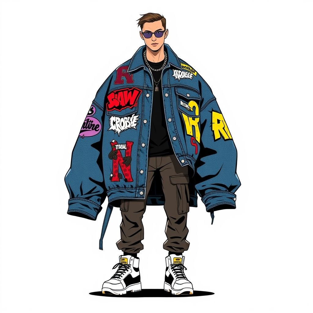 Denim jacket with leg of mutton sleeve
Design a bold streetwear-inspired denim jacket featuring exaggerated leg of mutton sleeves, adorned with vibrant graffiti-style patches and oversized graphic prints. Incorporate a distressed texture and asymmetric cuts for an edgy appeal. Pair it with utilitarian cargo pants and chunky sneakers, adding layered chains for a complete urban aesthetic.