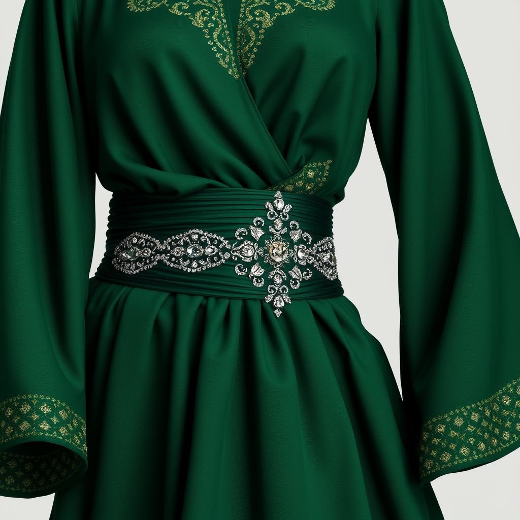 Create a kaftan style design that incorporates a little slice of structure, some ruched details in dark hunter green color and some crystal embroidery to help cover a ruched waist. This is woman’s kaftan that combines the modern with the traditional Nigerian kaftan look
Design a stunning kaftan that marries rich Nigerian heritage with contemporary flair. Crafted in deep hunter green, this flowing piece features structured accents and intricate ruched details. Adorned with sparkling crystal embroidery, it elegantly highlights the ruched waist, embodying the vibrant spirit of African fashion while ensuring a versatile, chic silhouette for modern women.