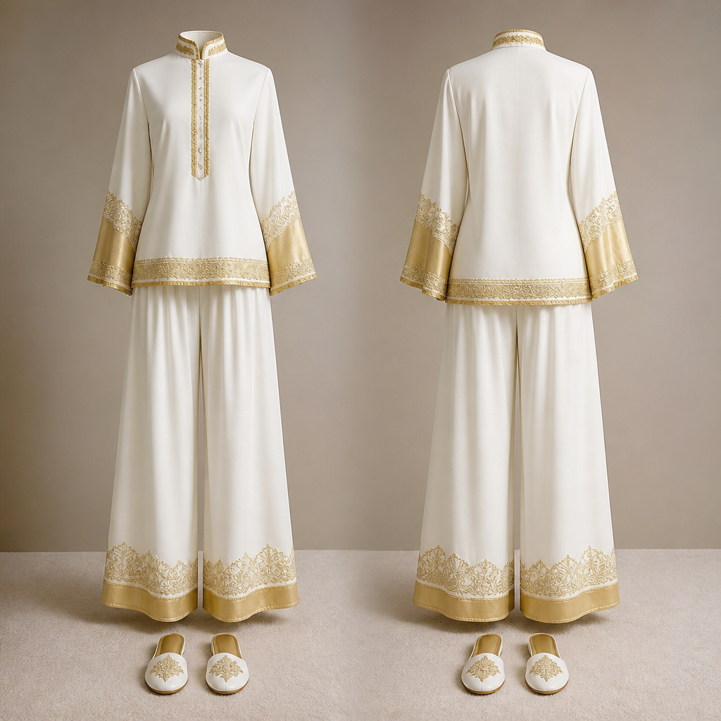 No model high collar bell sleeves, elastic pants with big legs in white with gold trim and matching slippers
photorealistic fashion design, No model high collar bell sleeves, elastic pants with big legs in white with gold trim and matching slippers , lounge style, just the design no text, show front and back