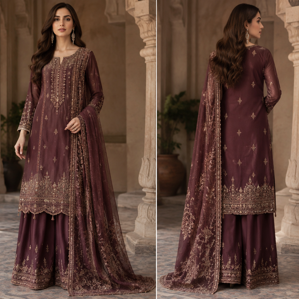 A Dress design, suitable for Fall. Consider Pakistani fashion — shalwar kameez, gharara, sharara; lawn fabrics, chiffon; intricate embroidery and mirror work. Current season is Autumn in Pakistan. Present it as professional fashion catalogue photography: the garment is the subject, shown full-length with editorial styling, neutral posing and tasteful, non-suggestive framing.
photorealistic fashion design, A Dress design, suitable for Fall. Consider Pakistani fashion — shalwar kameez, gharara, sharara; lawn fabrics, chiffon; intricate embroidery and mirror work. Current season is Autumn in Pakistan. Present it as professional fashion catalogue photography: the garment is the subject, shown full-length with editorial styling, neutral posing and tasteful, non-suggestive framing., just the design no text