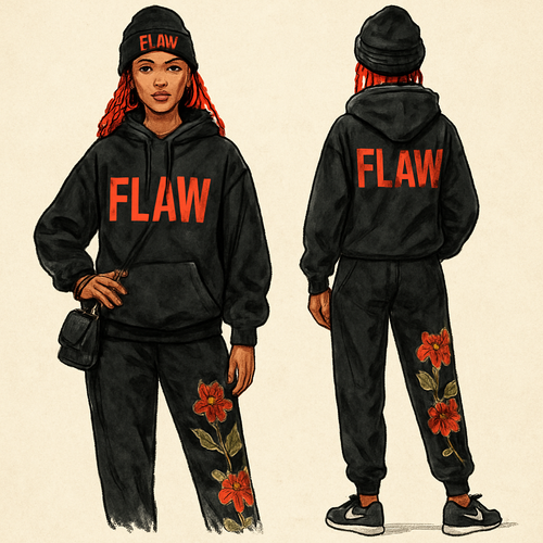 Black jogging suit hoodie with bold words Flaw in abbreviation on it in red braids gold hoop earrings and gold bracelet flowers one sleeve and pants Black cross body purse and black nike shoes a black beanie saying Flaw in red