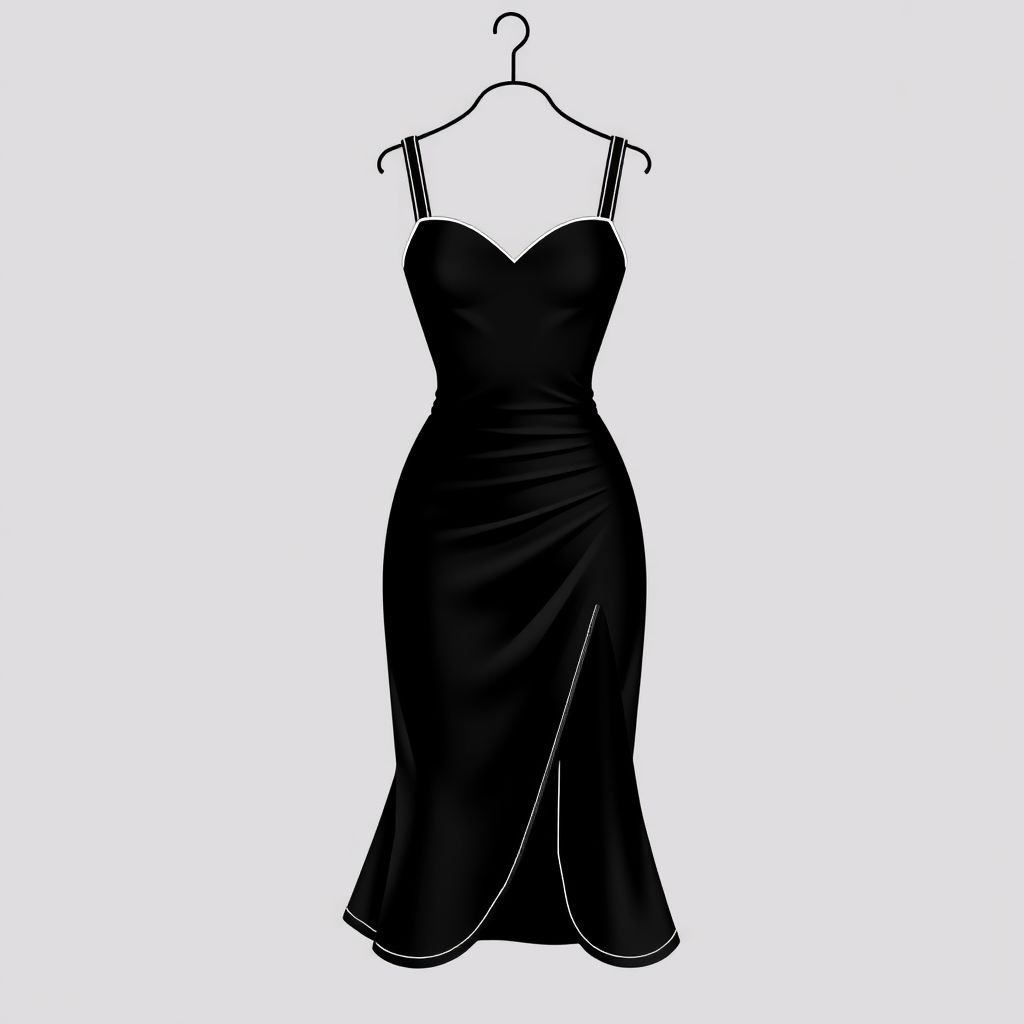 Design a black bodycon midi length (just over the knee) dress with a fitted silhouette. Add contrasting white details along the shoulder straps. The dress should have thin straps and a corset like fit at the top with a more lose fit at the bottom
Design an elegant black bodycon midi dress, embodying classic sophistication. The fitted silhouette gracefully hugs the figure, while thin shoulder straps lend a delicate touch. Emphasize timeless beauty with contrasting white piping along the straps and a structured corset-style bodice, transitioning to a flowing, relaxed fit at the hem for refined movement.