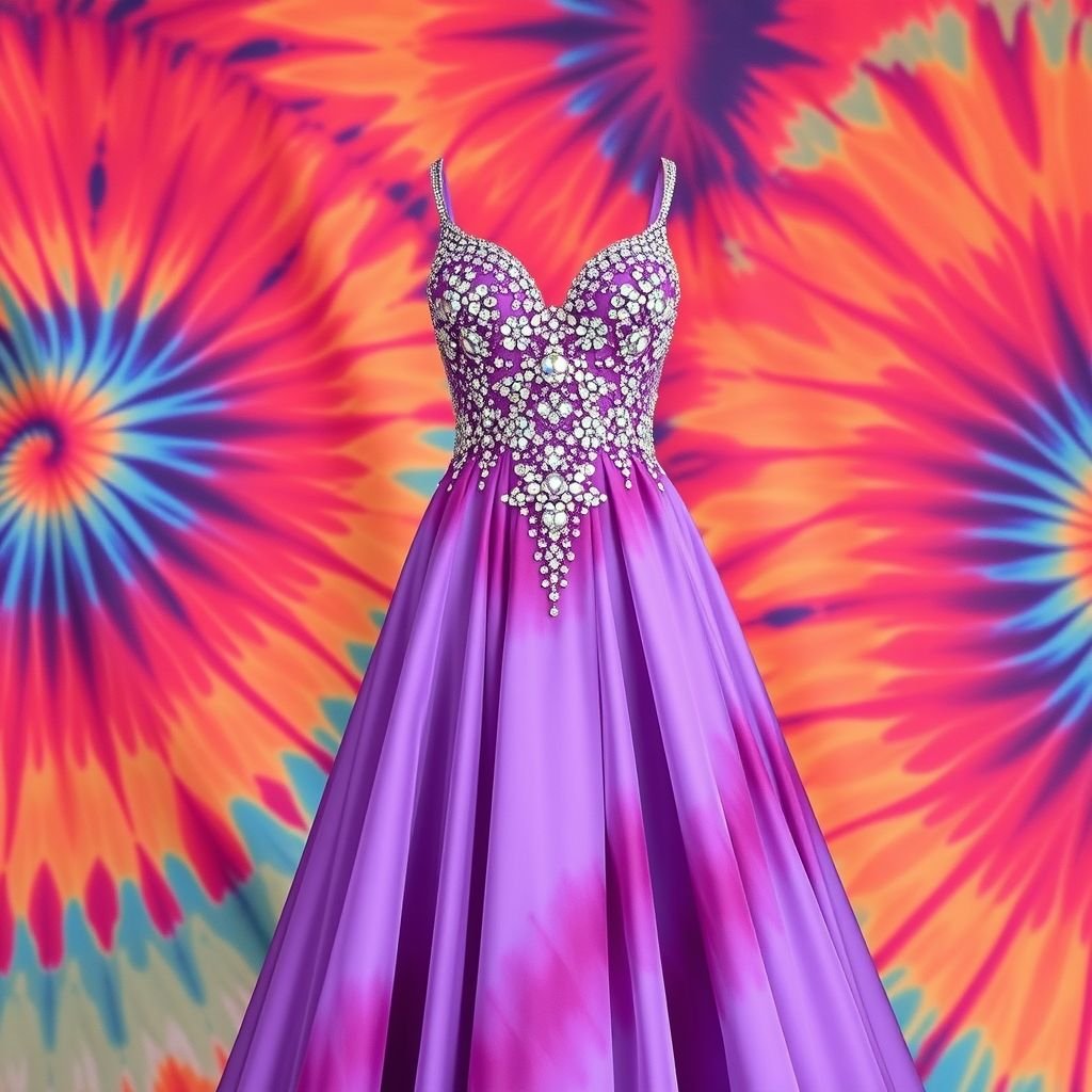 An a line gown with a beaded top and beaded center of the skirt part.
Design an enchanting A-line gown adorned with a dazzling beaded bodice, where the fabric drapes into a flowing skirt. Infuse the entirety with vibrant, swirling tie-dye patterns that blend rich sunset hues—coral, deep indigo, and soft lavender. Highlight the beaded center with iridescent sequins that shimmer against the colorful backdrop.