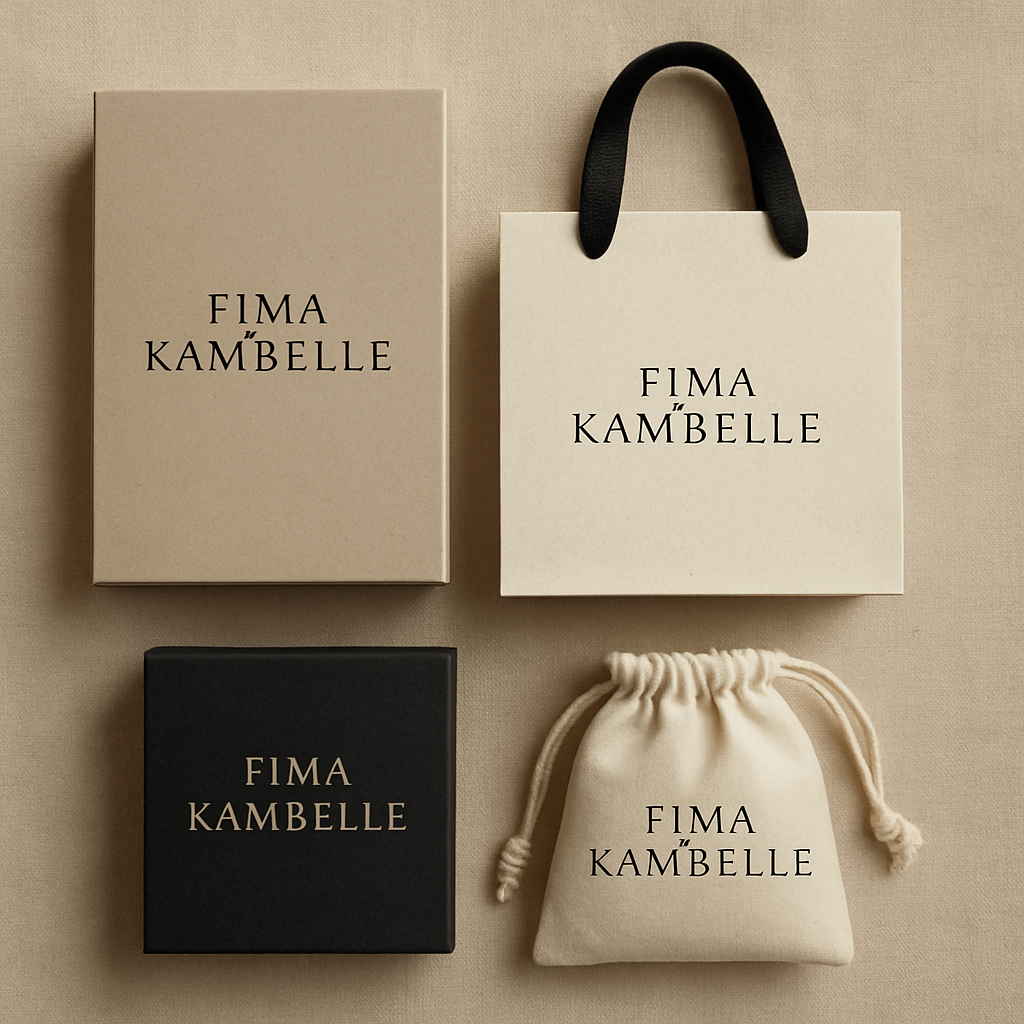 Create me 4 different unique, sophisticated packages materials for my clothing brand FIMA KAMBELLE by making it first of its kind and chic.

Create me 4 different unique, sophisticated packages materials for my clothing brand FIMA KAMBELLE by making it first of its kind and chic.