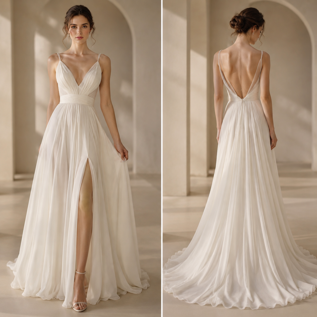 made of Chiffon, for Wedding, suitable for Summer, in Elegant + Glamorous + Minimalist style
photorealistic fashion design, made of Chiffon, for Wedding, suitable for Summer, in Elegant + Glamorous + Minimalist style, elegant style, just the design no text, show front and back