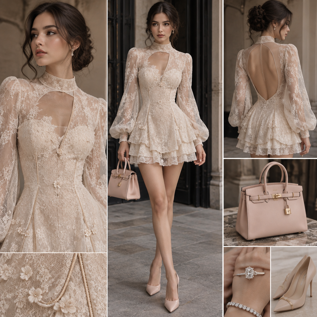 A short, elegant couture dress in soft beige, ivory, and creamy tones. The dress has a delicate lace fabric and a feminine vintage-inspired style.
The neckline is open in the center of the chest, shaped like a soft number “7” from the upper part, while the neck itself is closed and elegant. Over the dress, there is a very light, thin white sheer layer, similar to delicate hosiery fabric, subtle and airy rather than heavy or opaque.
The dress is made mainly of delicate lace, with subtle details throughout so it does not look plain. There are a few small, delicate flowers placed far apart from each other, very subtle and softly blended into the lace rather than being bold or highly visible.
The sleeves are slightly wide and elegant, with a hidden tie at the very end of each sleeve, tucked inside so the tie itself cannot be seen from the outside.
The lower part of the dress continues with the same lace and beige-ivory color palette. From the waist, there are four very delicate, subtle vertical lines/details. Each line ends in a soft number “7” shape. The dress is short, and the bottom has two short layers made from the same delicate lace, one slightly above the other, creating a soft layered finish.
The back of the dress is open, elegant, and feminine.
Accessories: a light baby-pink Birkin-style handbag, slightly structured and luxurious; elegant slightly high heels; subtle Hermès-inspired details on the accessories; a delicate diamond ring and a matching diamond bracelet.
Overall mood: romantic, elegant, delicate, luxurious, vintage-inspired couture, soft and sophisticated, with intricate lace details but never overly decorated.
photorealistic fashion design, A short, elegant couture dress in soft beige, ivory, and creamy tones. The dress has a delicate lace fabric and a feminine vintage-inspired style.
The neckline is open in the center of the chest, shaped like a soft number “7” from the upper part, while the neck itself is closed and elegant. Over the dress, there is a very light, thin white sheer layer, similar to delicate hosiery fabric, subtle and airy rather than heavy or opaque.
The dress is made mainly of delicate lace, with subtle details throughout so it does not look plain. There are a few small, delicate flowers placed far apart from each other, very subtle and softly blended into the lace rather than being bold or highly visible.
The sleeves are slightly wide and elegant, with a hidden tie at the very end of each sleeve, tucked inside so the tie itself cannot be seen from the outside.
The lower part of the dress continues with the same lace and beige-ivory color palette. From the waist, there are four very delicate, subtle vertical lines/details. Each line ends in a soft number “7” shape. The dress is short, and the bottom has two short layers made from the same delicate lace, one slightly above the other, creating a soft layered finish.
The back of the dress is open, elegant, and feminine.
Accessories: a light baby-pink Birkin-style handbag, slightly structured and luxurious; elegant slightly high heels; subtle Hermès-inspired details on the accessories; a delicate diamond ring and a matching diamond bracelet.
Overall mood: romantic, elegant, delicate, luxurious, vintage-inspired couture, soft and sophisticated, with intricate lace details but never overly decorated., just the design no text