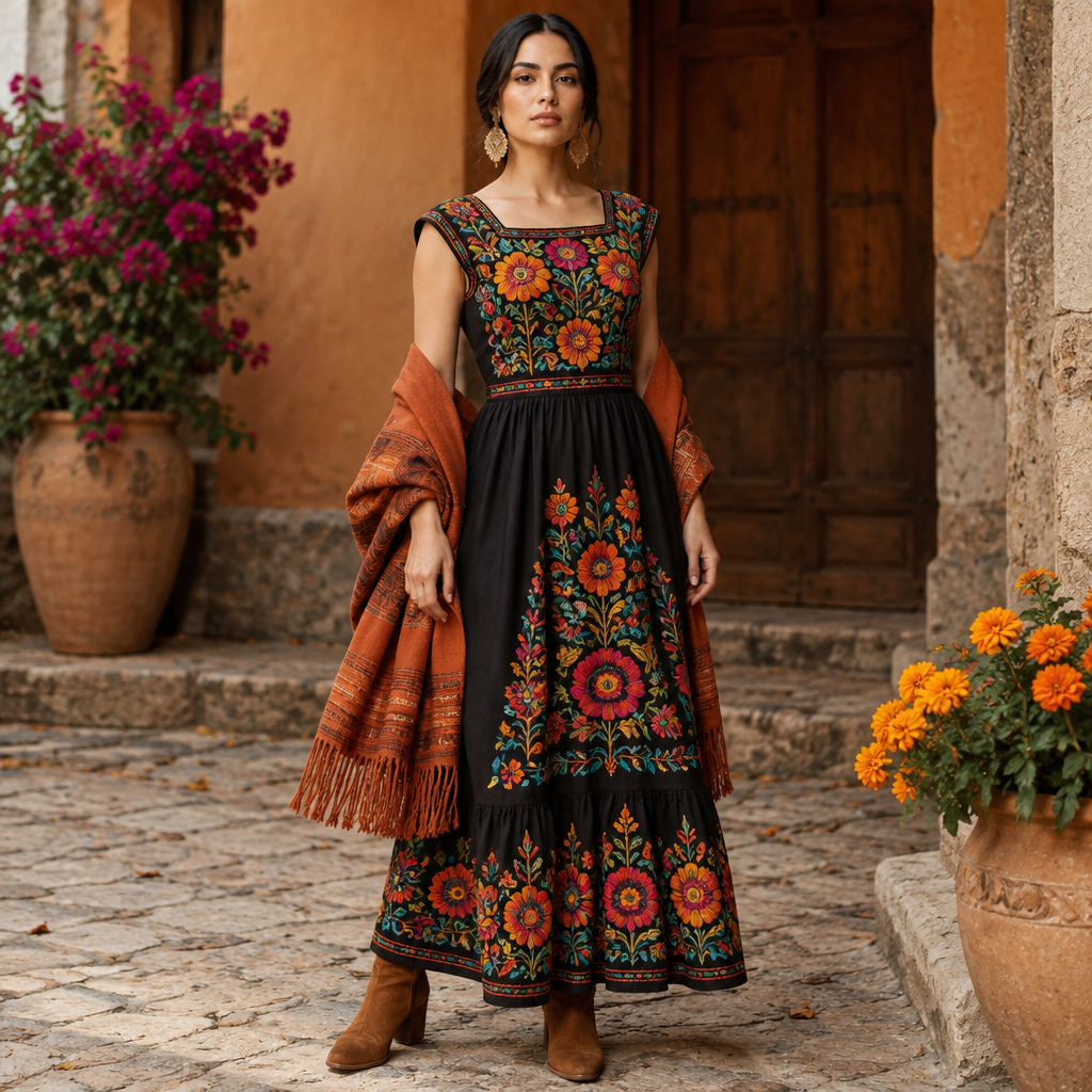 A Female Dress design, suitable for Fall. Consider Mexican fashion — huipil and rebozo traditions, vibrant embroidery, Oaxacan textiles, colorful folk art influence. Current season is Autumn in Mexico. Present it as professional fashion catalogue photography: the garment is the subject, shown full-length with editorial styling, neutral posing and tasteful, non-suggestive framing.
photorealistic fashion design, A Female Dress design, suitable for Fall. Consider Mexican fashion — huipil and rebozo traditions, vibrant embroidery, Oaxacan textiles, colorful folk art influence. Current season is Autumn in Mexico. Present it as professional fashion catalogue photography: the garment is the subject, shown full-length with editorial styling, neutral posing and tasteful, non-suggestive framing., just the design no text
