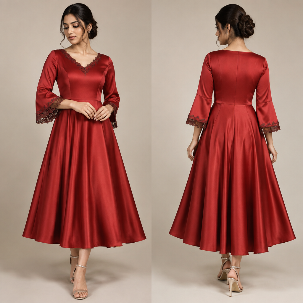 A cherry red satin fabric dress of tea length circle skirt with 3/4 bell sleeves and small,soft V neckline. A darker shade of thin lace around neckline and sleeves' ending.. Bangladesh fashion aesthetics. Present it as professional fashion catalogue photography: the garment is the subject, shown full-length with editorial styling, neutral posing and tasteful, non-suggestive framing.
photorealistic fashion design, A cherry red satin fabric dress of tea length circle skirt with 3/4 bell sleeves and small,soft V neckline. A darker shade of thin lace around neckline and sleeves' ending.. Bangladesh fashion aesthetics. Present it as professional fashion catalogue photography: the garment is the subject, shown full-length with editorial styling, neutral posing and tasteful, non-suggestive framing., just the design no text