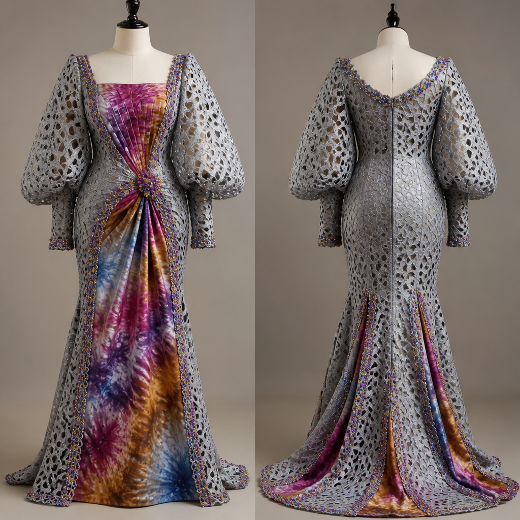 PROMPT
Create a one of a kind fabulous party dress for a 50 year old woman that can be worn to a birthday party that look stunning classic elegant sophisticated graceful, design it with a colorful authentic tie and dye fabric and a silverfish grey net hole aso oke fabric with a touch of beautiful colorful trims
Edit
* Save
凸
凸
photorealistic fashion design, PROMPT
Create a one of a kind fabulous party dress for a 50 year old woman that can be worn to a birthday party that look stunning classic elegant sophisticated graceful, design it with a colorful authentic tie and dye fabric and a silverfish grey net hole aso oke fabric with a touch of beautiful colorful trims
Edit
* Save
凸
凸, vintage style, just the design no text, show front and back